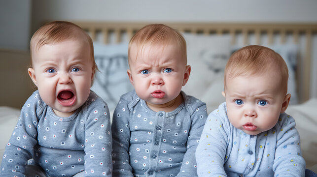 Three adorable baby triplets sitting together with a range of expressions from crying to curious.