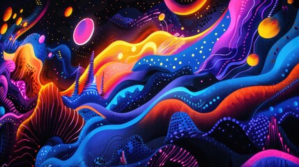 Vibrant fluorescent patterns and shapes glowing against a black background