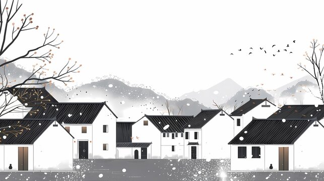 Minimalist ink country house illustration poster background