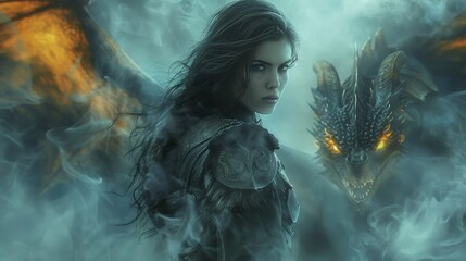 fantasy female caucasian warrior wearing normal clothes dark hair surrounded by smoke dragon flying behind her