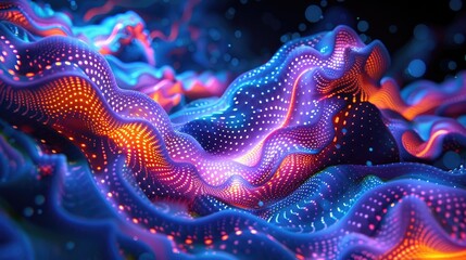 Vibrant fluorescent patterns and shapes glowing against a black background