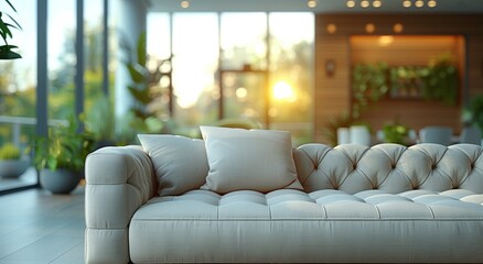 A white couch is a fixture in the living room next to a window