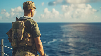 A solitary soldier in combat gear gazes out at the vast ocean, contemplating the horizon. - obrazy, fototapety, plakaty
