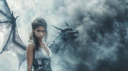 fantasy female caucasian warrior wearing normal clothes dark hair surrounded by smoke dragon flying behind her