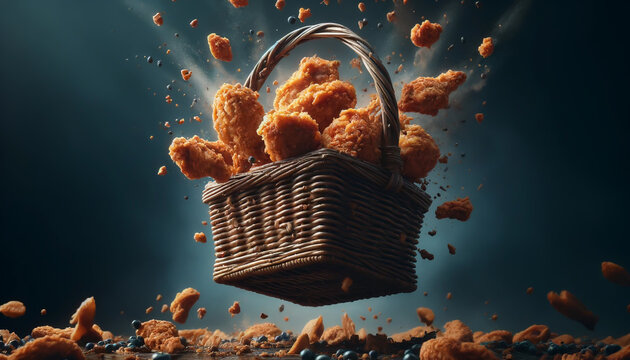 A basket of fried chicken is floating in the air. The basket is filled with chicken pieces and the image has a playful and lighthearted mood