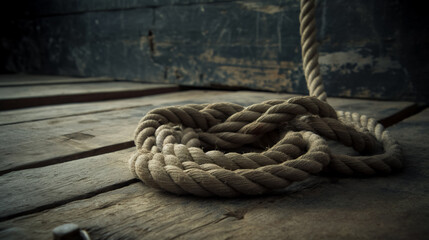 Fototapeta premium Neatly coiled thick rope placed on a rustic wooden floor, illustrating concepts of nautical or farm life.