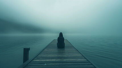 Lone figure sits at the end of a wooden pier, enveloped by fog and the calm waters of a serene lake. - obrazy, fototapety, plakaty