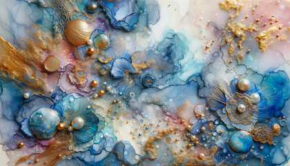 luxurious fluid art colorful gradient deep tones with gold accents and pearl embellishments for background, banner in luxury style.