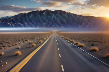 Highway at sunrise, going into Death Valley National Park. Road and Sky