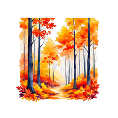 A autumn forest with fiery hues, watercolor illustraiton, fallen leaves, fall season, isolated, scene landscape