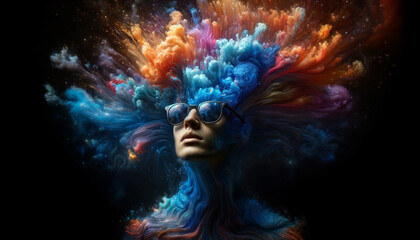 A man with a colorful, wild hairstyle and sunglasses. The image is a work of art, with a sense of creativity and freedom - obrazy, fototapety, plakaty