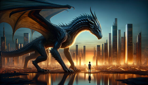 A large dragon is flying over a city with a person standing in the water. Scene is mysterious and adventurous