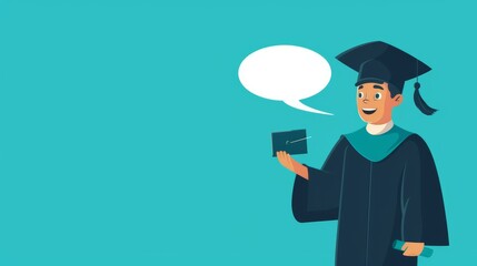 Animated happy graduate with speech bubble, suitable for educational ads and promotions.