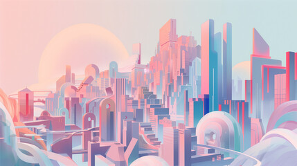 Futuristic Pastel Cityscape with Abstract Architecture and Sun Setting