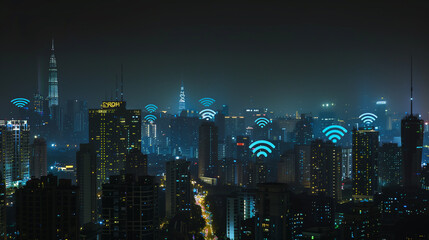 Obraz premium A city skyline with a lot of buildings and a lot of Wi-Fi signals. The Wi-Fi signals are shown in different colors and are spread out across the city. Concept of a modern