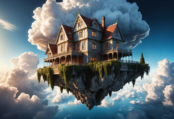 Floating house in the sky with clouds. Generative AI