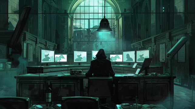 Fototapeta A dark and haunted courtroom with long shadows hovering over the scene. The center stage under the courthouse's iconic arch features a mysterious man wearing a tailored suit and hat that exudes a hack