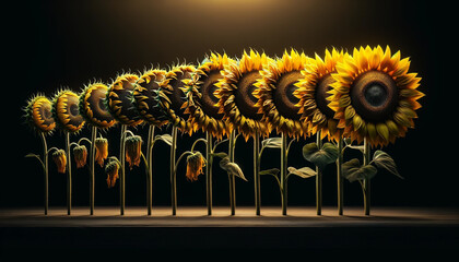 A series of sunflowers are shown in various stages of growth, from seed to full bloom. Concept of growth and transformation, as well as the beauty of nature