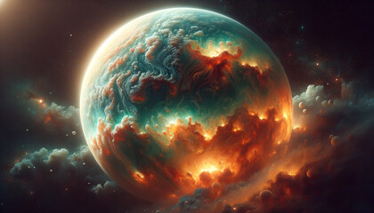 A planet with a large orange cloud and a smaller blue cloud. The planet is surrounded by a lot of stars