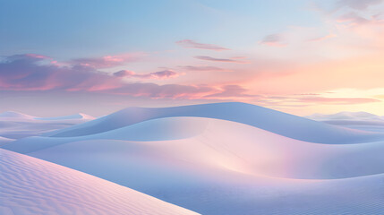 A beautiful, serene landscape of a desert with a pink and orange sky. The sky is filled with clouds, and the sun is setting, casting a warm glow over the sand dunes. The scene is peaceful and calming