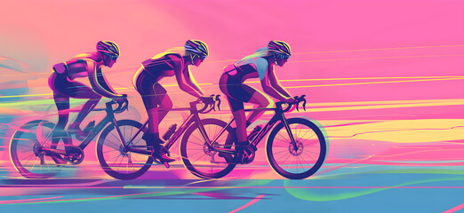Professional bicycle racer riding a bike on abstract colorful graphic background. Cycle sport flat art poste
