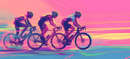 Fototapeta premium Professional bicycle racer riding a bike on abstract colorful graphic background. Cycle sport flat art poste