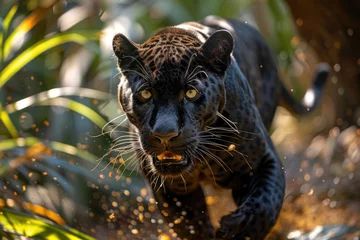 Poster A black panther in motion, with a blurred background highlighting its sleek grace and power © Veniamin Kraskov