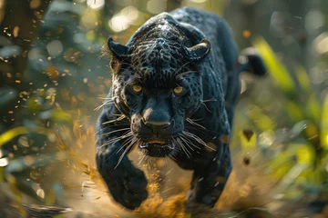 Deurstickers A black panther in motion, with a blurred background highlighting its sleek grace and power © Veniamin Kraskov