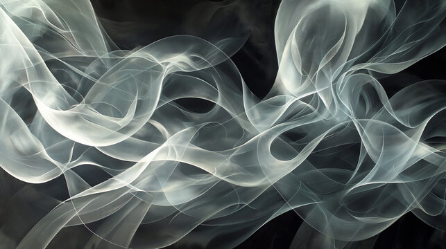 This image captures the delicate swirls and flows of smoke, evoking a sense of mystery and gracefulness in a stark black backdrop