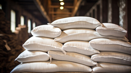 Warehouse with rice or sugar bags in a warehouse - obrazy, fototapety, plakaty