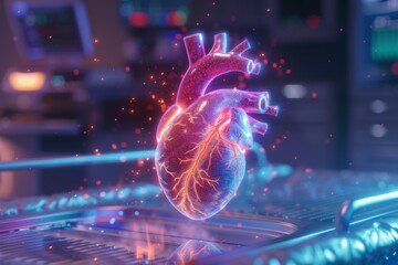 Intricate Holographic Heart Displaying Arteries and Chambers Above a Futuristic Medical Bed, Illustrating Advanced Technology in Healthcare.