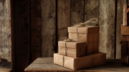 A nostalgic composition of neatly stacked brown paper packages tied with twine, set against a rustic wooden backdrop