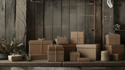 Large collection of simple paper packages displayed in a natural and old-timey cabin environment, evoking warmth