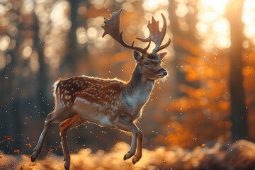 A graceful deer leaping through the forest, with a blurred background