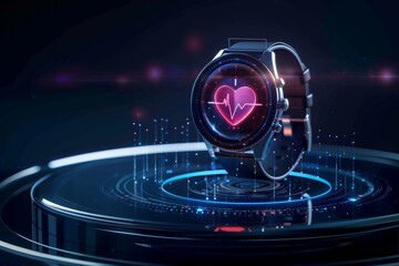 Futuristic Holographic Heart Projection Above a Smartwatch, Illustrating the Integration of Health Monitoring Technology and Innovation Concept.