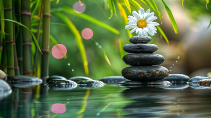 Obraz na płótnie Canvas Zen stones, bamboo, flower and water in a peaceful zen garden, r