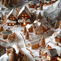 A mountainous ski resort where the slopes are finely shredded coconut and the lodges are gingerbread houses. - obrazy, fototapety, plakaty