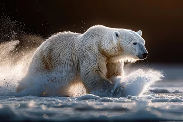 Fotobehang A polar bear in motion against the icy landscape © Veniamin Kraskov