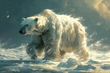 Foto op Plexiglas A polar bear in motion against the icy landscape © Veniamin Kraskov