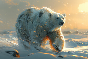 A polar bear in motion against the icy landscape - obrazy, fototapety, plakaty