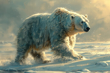 A polar bear in motion against the icy landscape