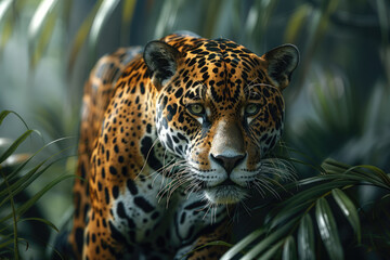 A powerful jaguar stalking through the jungle
