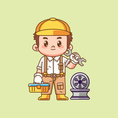 Cute mechanic carry tool at workshop kawaii chibi character mascot illustration outline style design