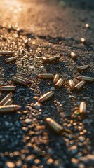 Collection of empty bullet casings scattered on the ground, creating a textured backdrop