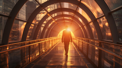 A silhouetted man walks towards the sunrise through a contemporary glass walkway, depicting a new beginning or journey