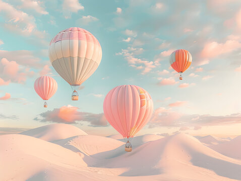 A group of hot air balloons are flying in the sky above a snowy mountain. The balloons are pink and white, and they are scattered throughout the sky. The scene is peaceful and serene