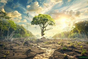 Devastated Rainforest Landscape Showing Deforestation Impact on Global Warming Crisis. - obrazy, fototapety, plakaty
