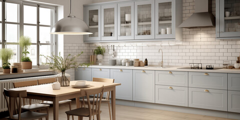 A candinavian kitchen with white cabinets, marble countertops, and a subway tile backsplash.