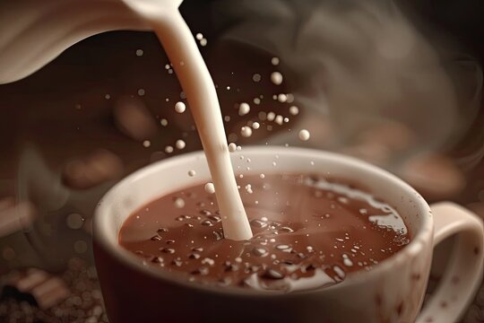 A 3D scene of milk being poured into a steaming hot chocolate