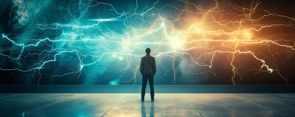 Inspiring Innovation: A person creatively mapping out innovative ideas on a clear board symbolized by lightning bolts, fostering brilliance and creativity.